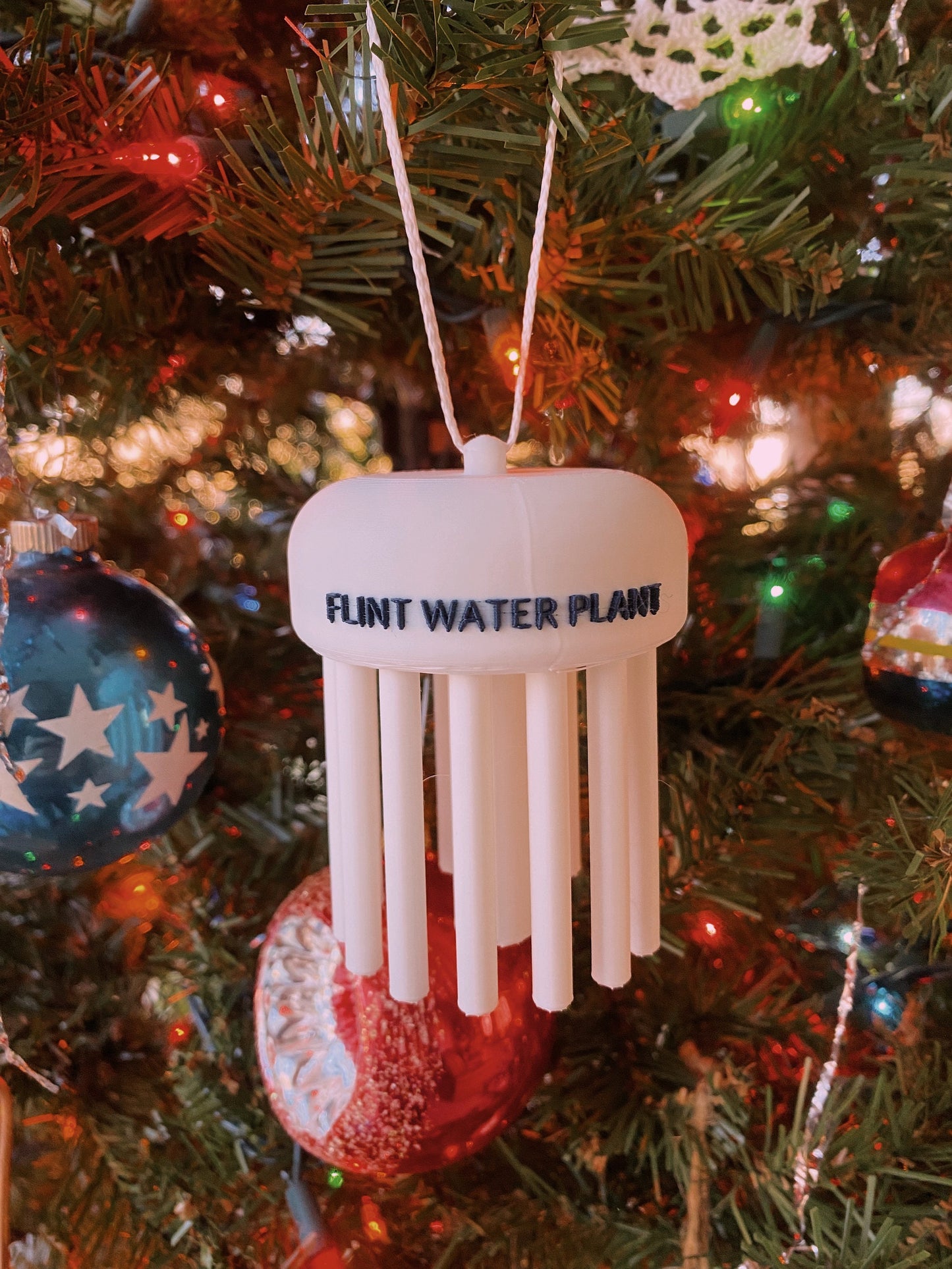 Flint Water Plant 3D Printed Miniature Water Tower Flint, Michigan Tree Ornament And Desk/Shelf Ornaments