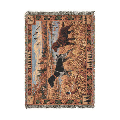 Black German Shorthaired Pointer and Chocolate Labrador Fall Hunting Scene Woven Blanket