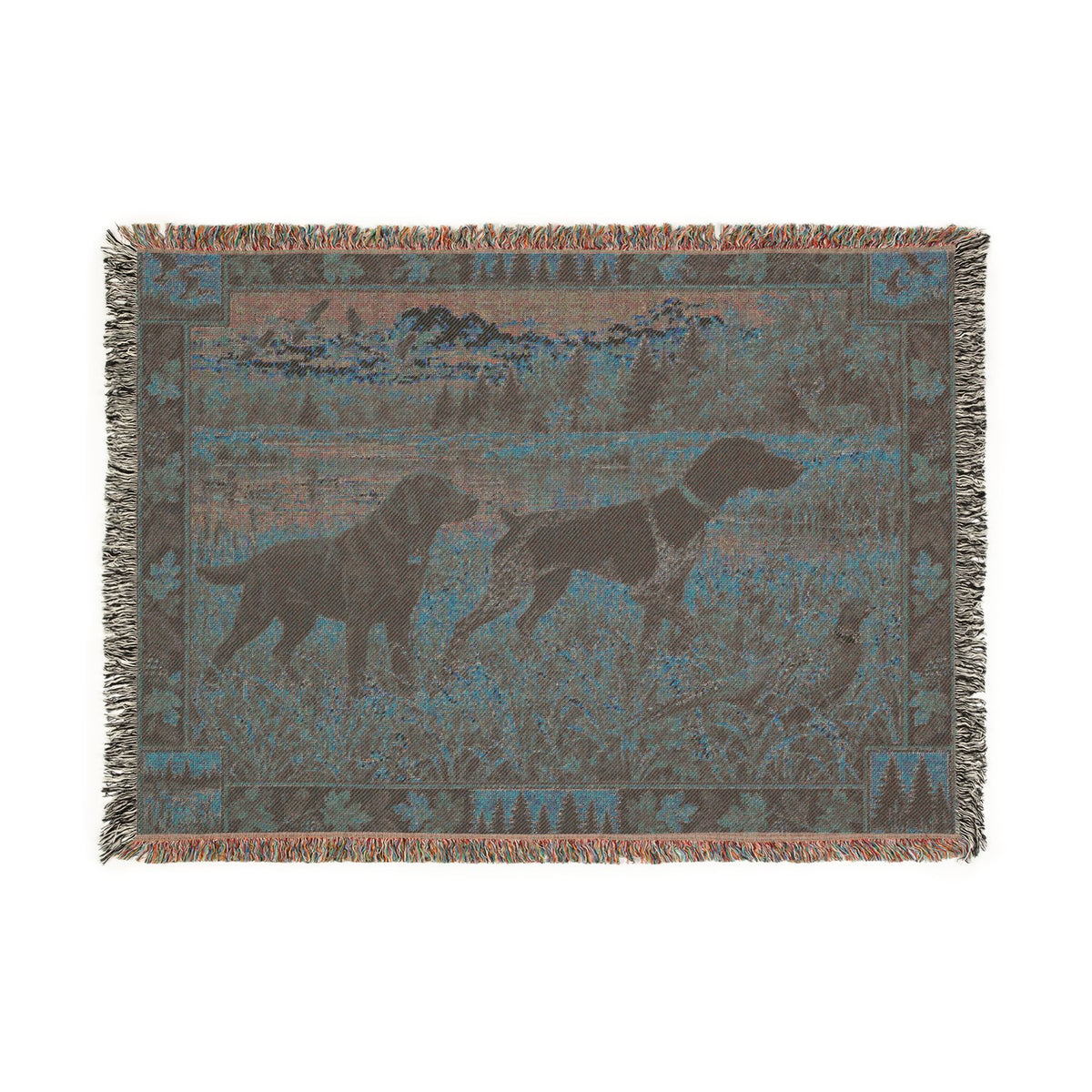 Black German Shorthaired Pointer and Chocolate Labrador Fall Hunting Scene Woven Blanket