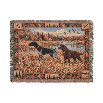 Black German Shorthaired Pointer and Chocolate Labrador Fall Hunting Scene Woven Blanket