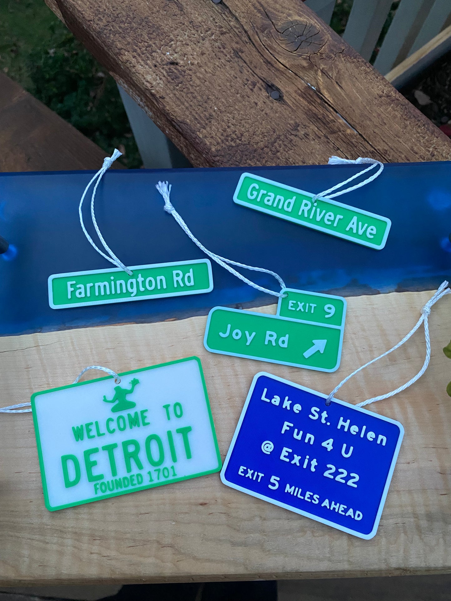 Custom 3D Printed Miniature Replica Street Signs and Exit Signs Christmas Tree Ornaments, Desk Ornaments, Rearview Mirror Hangs