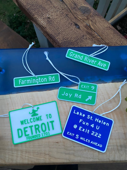 Custom 3D Printed Miniature Replica Street Signs and Exit Signs Christmas Tree Ornaments, Desk Ornaments, Rearview Mirror Hangs