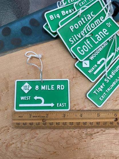 Custom 3D Printed Miniature Replica Street Signs and Exit Signs Christmas Tree Ornaments, Desk Ornaments, Rearview Mirror Hangs