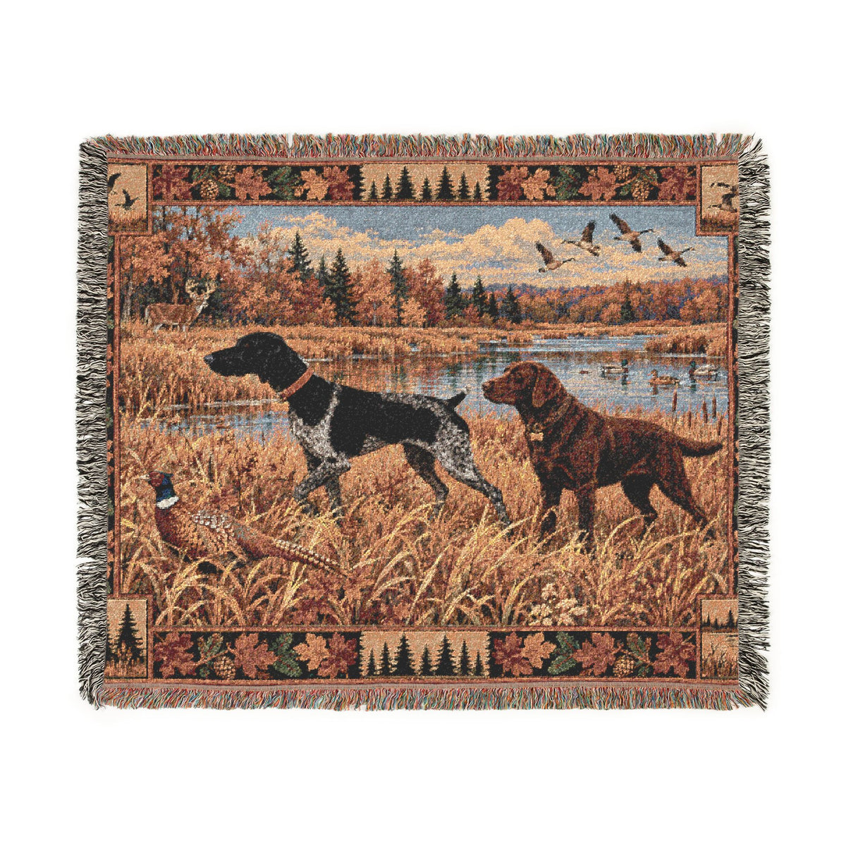 Black German Shorthaired Pointer and Chocolate Labrador Fall Hunting Scene Woven Blanket