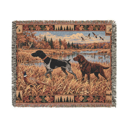 Black German Shorthaired Pointer and Chocolate Labrador Fall Hunting Scene Woven Blanket