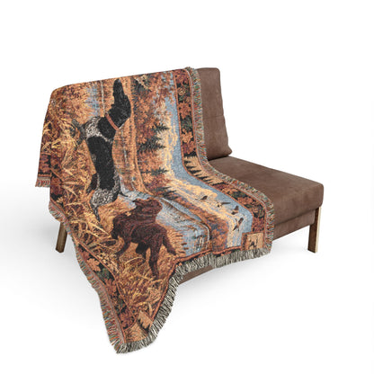 Black German Shorthaired Pointer and Chocolate Labrador Fall Hunting Scene Woven Blanket