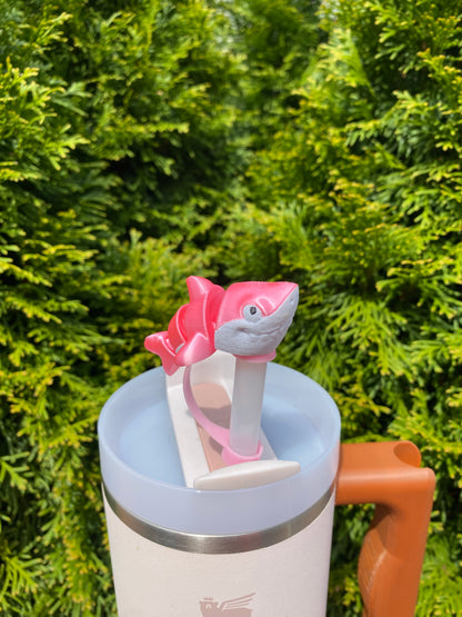 Great White Shark Silver And Pink Straw Topper/ Charm for Stanely Tumblers and other 9.5mm Straws