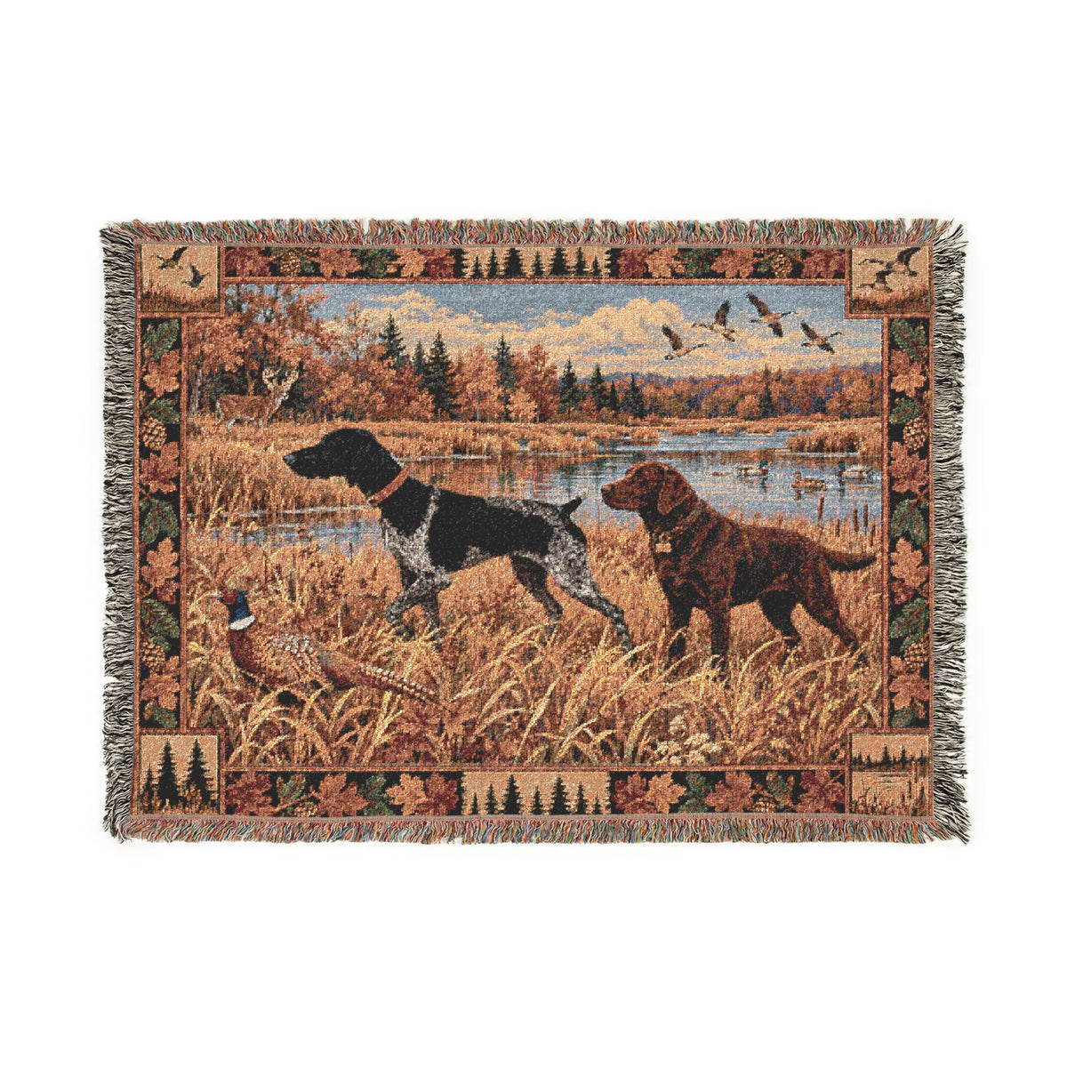 Black German Shorthaired Pointer and Chocolate Labrador Fall Hunting Scene Woven Blanket