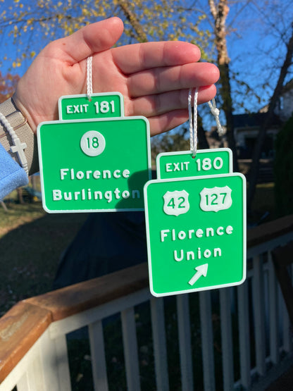 Custom 3D Printed Miniature Replica Street Signs and Exit Signs Christmas Tree Ornaments, Desk Ornaments, Rearview Mirror Hangs