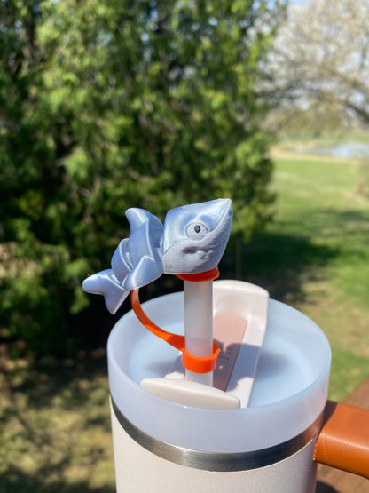 Great White Shark Silver And Pink Straw Topper/ Charm for Stanely Tumblers and other 9.5mm Straws