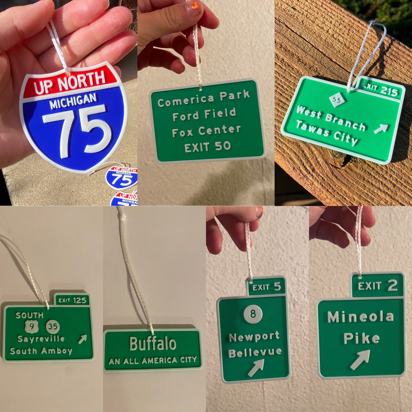 Custom 3D Printed Miniature Replica Street Signs and Exit Signs Christmas Tree Ornaments, Desk Ornaments, Rearview Mirror Hangs