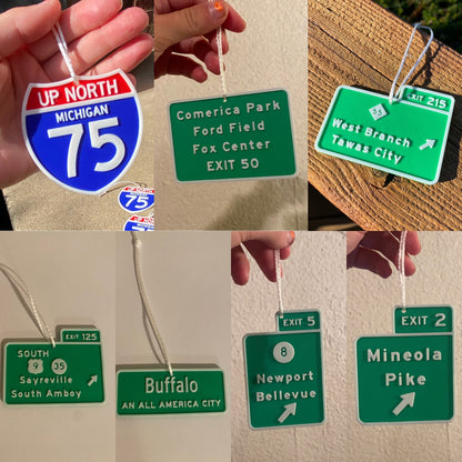 Custom 3D Printed Miniature Replica Street Signs and Exit Signs Christmas Tree Ornaments, Desk Ornaments, Rearview Mirror Hangs