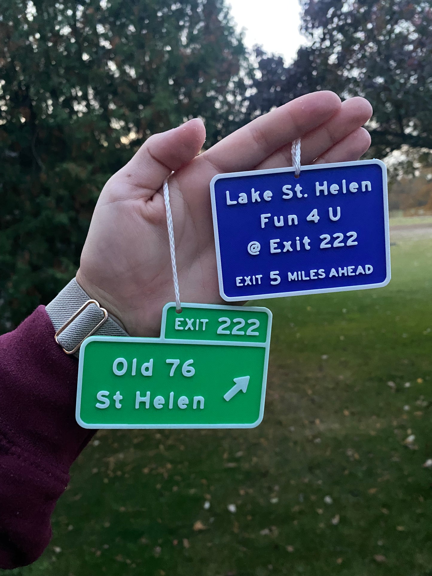 Custom 3D Printed Miniature Replica Street Signs and Exit Signs Christmas Tree Ornaments, Desk Ornaments, Rearview Mirror Hangs