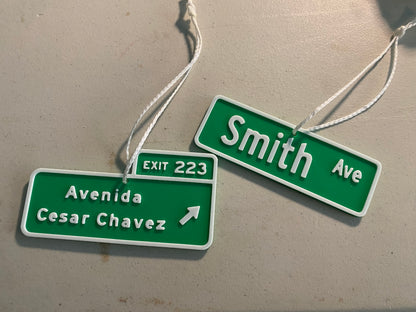 Custom 3D Printed Miniature Replica Street Signs and Exit Signs Christmas Tree Ornaments, Desk Ornaments, Rearview Mirror Hangs