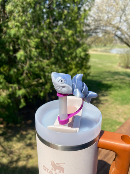 Great White Shark Silver And Pink Straw Topper/ Charm for Stanely Tumblers and other 9.5mm Straws