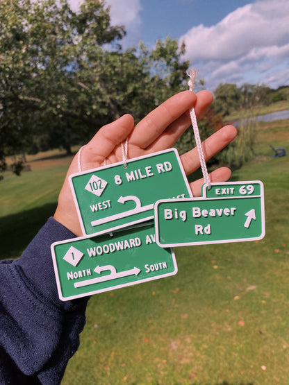 Custom 3D Printed Miniature Replica Street Signs and Exit Signs Christmas Tree Ornaments, Desk Ornaments, Rearview Mirror Hangs