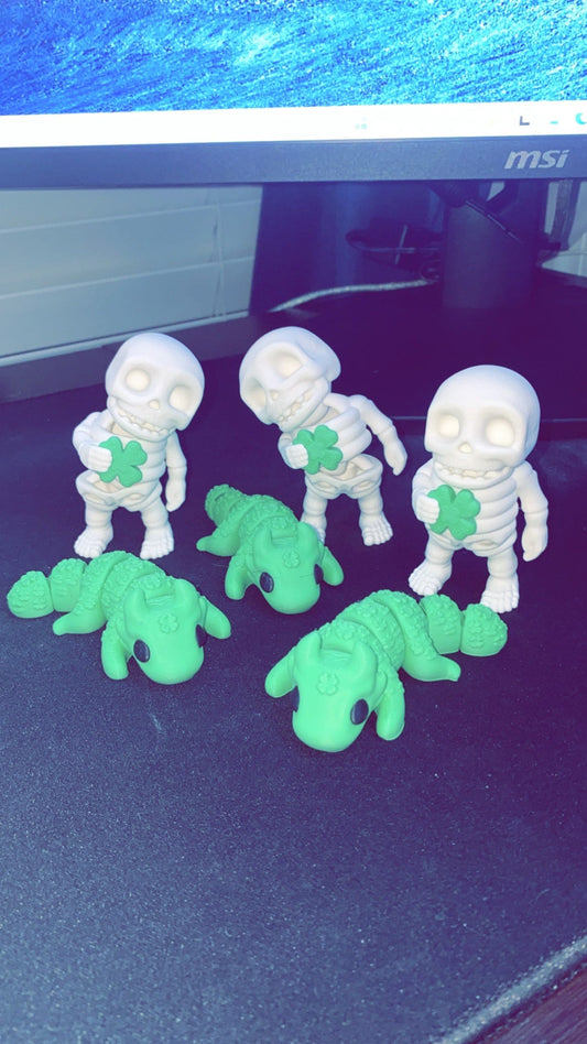 Articulated 3D Printed Baby Lucky Clover Dragon And Lucky Skeleton St.Patricks Day Combo Fidget Toys